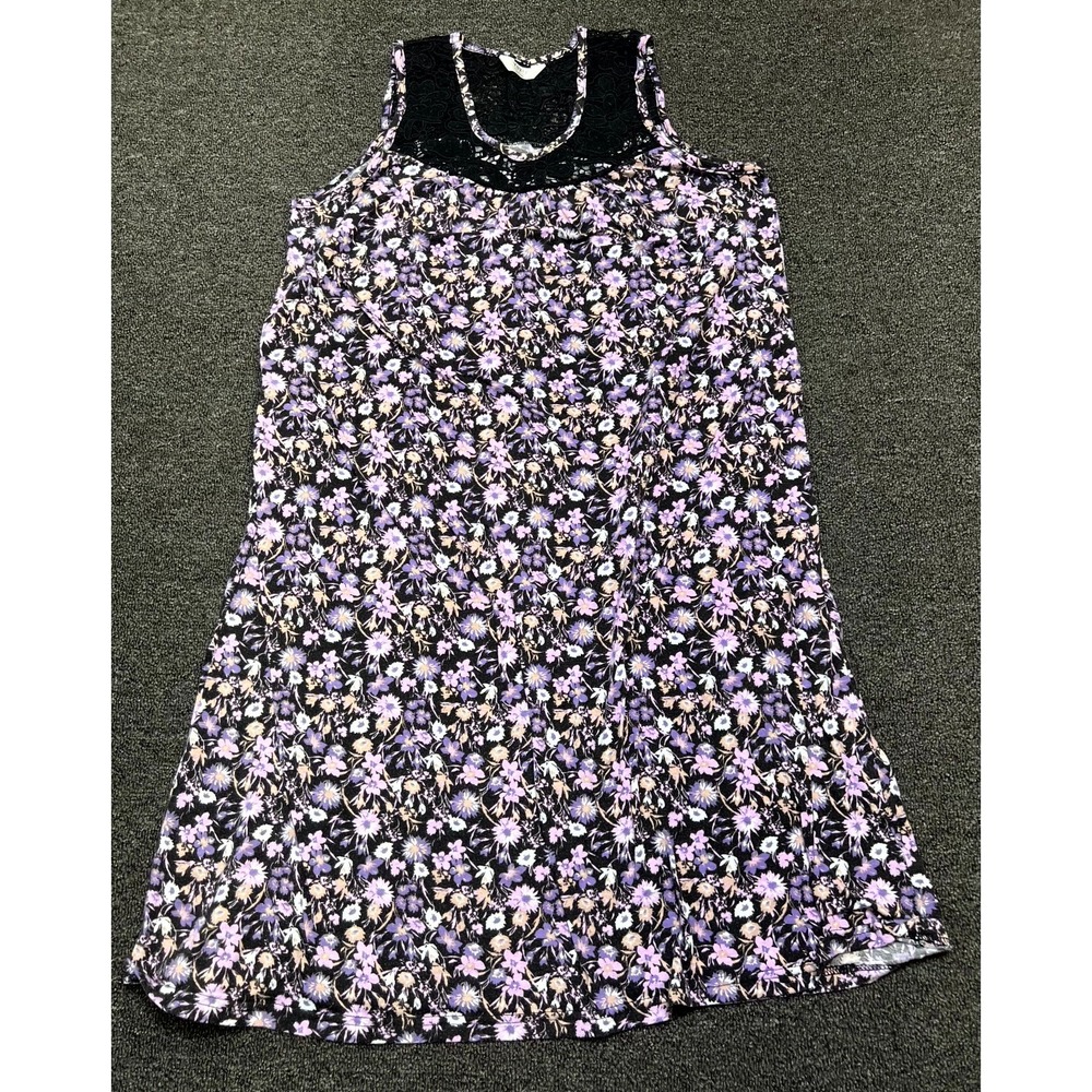 Yozly Nightgown Womens L Black Purple Daisy Print Lace Trim Round Neck Pullover